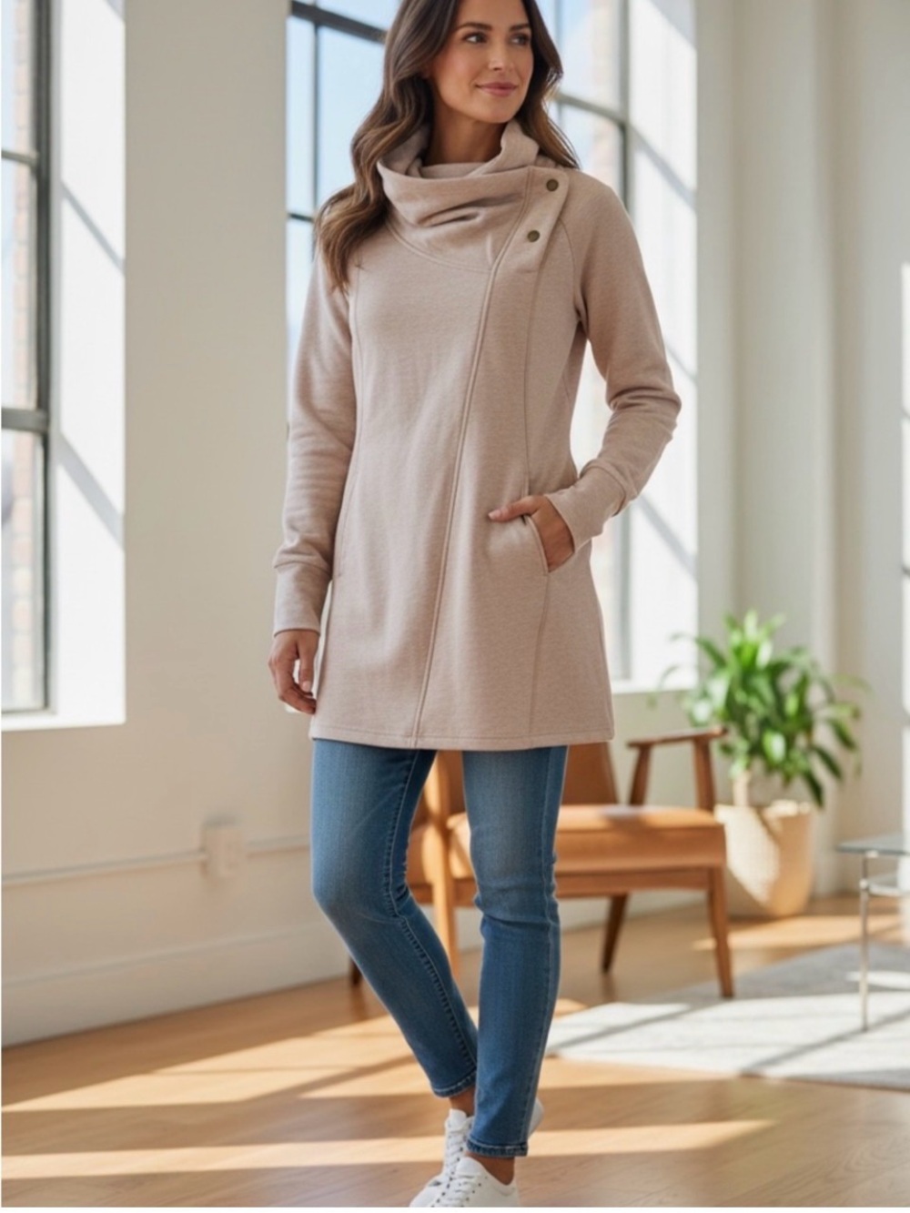 Button-Detail Cowl Tunic Sweater - Cream